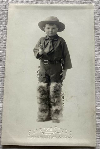 Vintage Real Photo Postcard Little Boy In Cowboy Costume Toy Gun Hat Rppc 1923