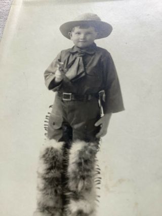 Vintage Real Photo Postcard Little Boy In Cowboy Costume Toy Gun Hat RPPC 1923 2