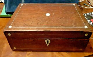 Vintage Mahogany Wood Inlaid Mother Of Pearl Desk Top Writing Box Sewing Box