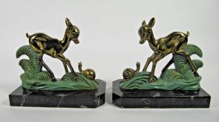 French Antique Art Deco Bookends Spelter Bronzed Deer Signed Marble Base Pair