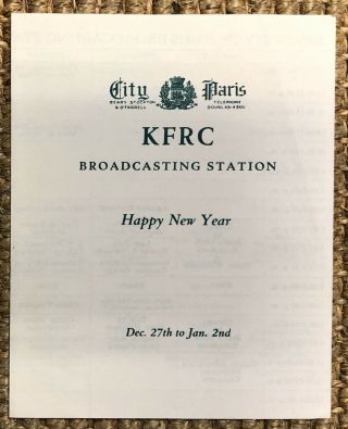 Vintage 1925 Kfrc City Of Paris Store Radio Station,  San Francisco Program