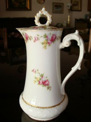 1907 Antique Limoges T&v Chocolate Coffee Tea Pot,  Pink Roses & Gold 10 "