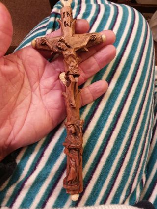 Antique 1800s German Carved Wood Crucifix Bovine Bone Jesus Mary