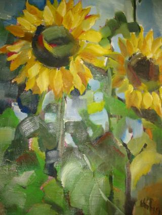 Vtg Expressionist Oil Painting On Canvas Still Life Sunflowers Signed " 1966 "