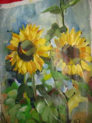 Vtg Expressionist Oil Painting on Canvas Still life Sunflowers signed 