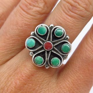 Vintage Old Pawn Sterling Silver Coral Turquoise Gem Handmade Floral Tribal Ring