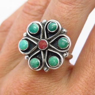 Vintage Old Pawn Sterling Silver Coral Turquoise Gem Handmade Floral Tribal Ring 2