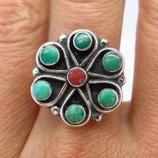 Vintage Old Pawn Sterling Silver Coral Turquoise Gem Handmade Floral Tribal Ring 3