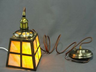Antique Arts and Crafts Mission Brass & Slag Glass Pendant Shade Updated Wiring 2