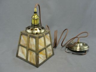 Antique Arts and Crafts Mission Brass & Slag Glass Pendant Shade Updated Wiring 3