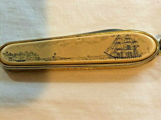 Vintage Barlow Scrimshaw Series Tall Sailing Ship Lighthouse Pen Pocket Knife
