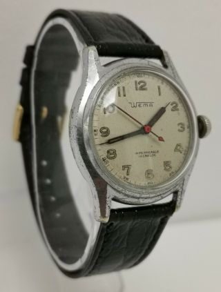 Vintage 1940s Wema 17j Military Style Ww2 Era Red Second Hand Gents Wrist Watch
