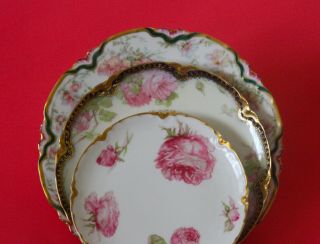 Antique Haviland Limoges Plates Large Pink Roses Double Gold