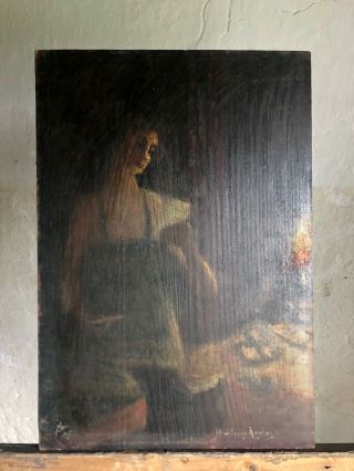 Antique French Oil On Wooden Panel Enigmatic Portrait Of Young Woman - Signed