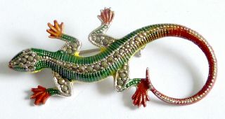 A Vintage 1950s Silver Tone Lizard Brooch With Marcasites & Painted Body