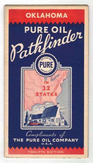 1935 Pure Oil Pathfinder Oklahoma Road Map N.  12th Edition Gas Pump Auto