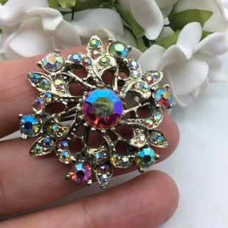 Vintage Jewellery Signed Exquisite Ab Rhinestone Gold Tone Flower Head Brooch