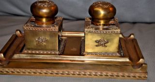 Antique French Gilded Brass Bronze & Glass Inkwell
