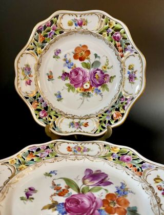 Antique Carl Thieme Dresden Hand Painted Reticulated Cabinet Plates (2) - Floral