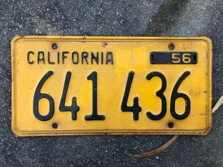 Vintage 1956 California License Plate Black Yellow 641 436 Ca 56 Trailer