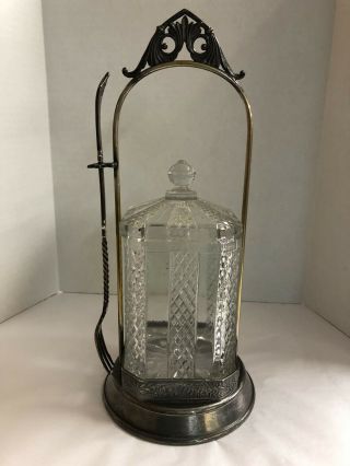 Vintage Victorian Square Glass Pickle Castor W/ Fork