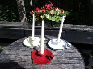Three Vintage Enamel Candle Holders/chamber Sticks.  Shabby Chic/kitchenalia.
