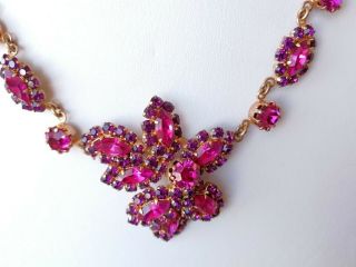 Vintage Jewellery Goldtone And Fuschia Pink Glass Necklace.  19 Inches Long.