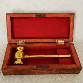 Vintage Brass 6 " Auctioneer Hammer Judge Gavel Mallet In Wooden Box