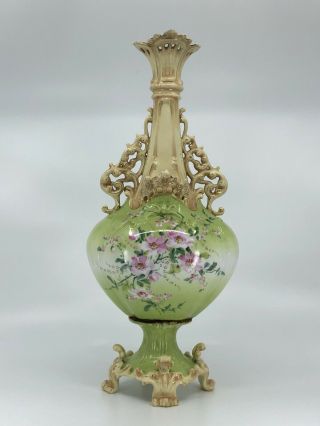 Antique Royal Rudolstadt 2 Handle Gilded Vase Floral 14 1/4” X 5 3/4” Green