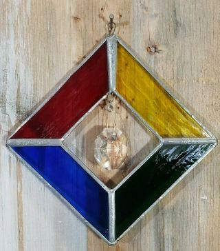 Vintage Stained Glass Suncatcher Ornament Primary Color Glass,  Crystal Prism