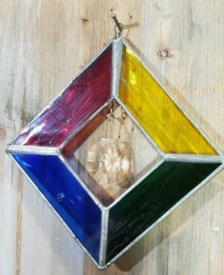 Vintage Stained Glass Suncatcher Ornament Primary Color Glass,  Crystal Prism 2