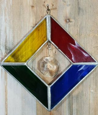Vintage Stained Glass Suncatcher Ornament Primary Color Glass,  Crystal Prism 3