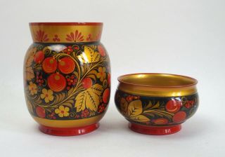 Vintage Ussr Khokhloma Handpainted Lacquered Wooden Vase And Bowl