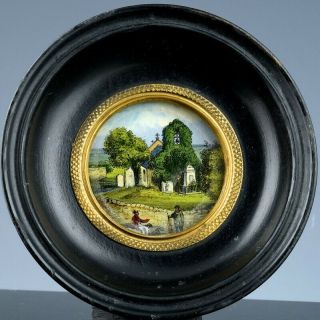 Finely Detailed Antique English Pastoral Miniature Reverse Glass Painting