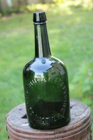 Antique Gettysburg Katalysine Water Bottle,  Green Glass Full Of Bubbles No Chips