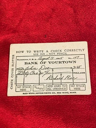 Vintage 1925 “how To Write A Check” Sample Blotter From Red Wing Mn.