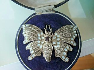 Vintage Silver And Moonstone Butterfly Brooch - Large Articulated Brooch