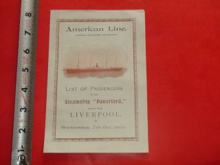 Ja437 Rare 1903 American Line Steamship Haverford Passenger List Brochure