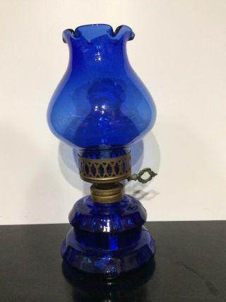 Cobalt Blue Pressed Glass Oil Parrafin Lamp Adjustable Wick Vintage Hong Kong
