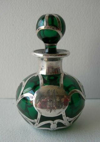 Signed Art Nouveau Alvin Sterling Silver Overlay Green Glass Perfume Bottle