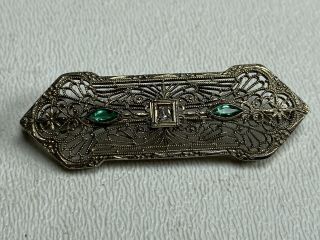 Antique Victorian 10k White Gold Filigree Bar Diamond Emerald Pin Brooch 4.  5g