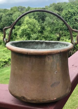 Antique Hand Hammered Dovetailed Copper Pot Kettle Forged Iron Handle Primitive