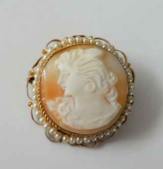 Vintage Carved Shell Cameo & Pearls Brooch Or Necklace Pendant