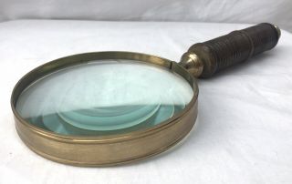 Antique Vintage Wood And Brass Hand Magnifying Glass Maritime Nautical
