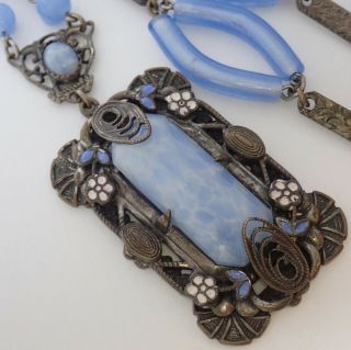 Antique Art Deco Neiger Bros Silver Plate Enamel Blue Czech Glass Necklace