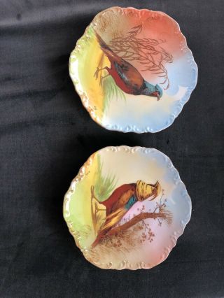 Antique Painted Coronet Limoges French Signed Max Pheasant Game Bird Plate Pair