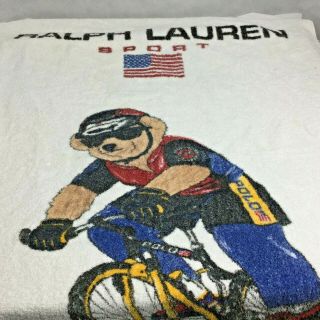Vintage Polo Ralph Lauren Sport Bear Beach Towel Terry Cyclist Flag 36 X 68