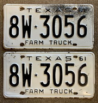 Vintage 1961 Texas License Plates Farm Truck White/black 8w 3056
