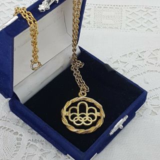 Vintage 70s Olympic Rings Pendant Necklace Gold Tone Medallion Sport Memorabilia