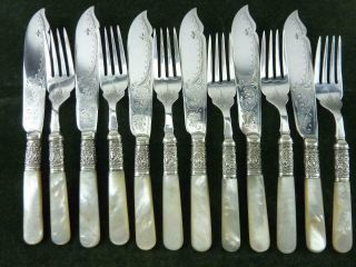 Vintage 12 Piece Silver Plated Fisheaters Set Mother Of Pearl Handles